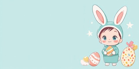 Obraz premium Cute Easter Bunny Holding Decorated Eggs Illustration