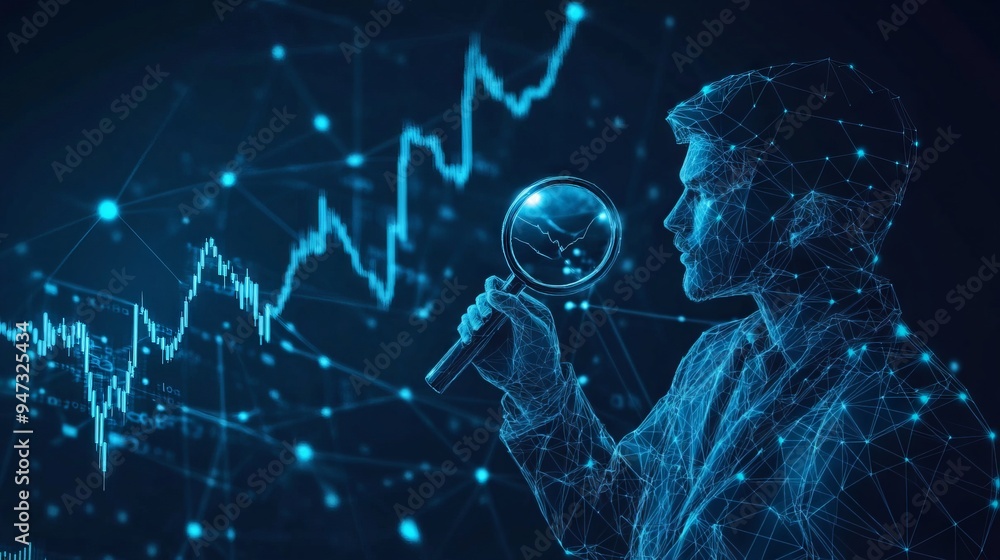 Poster digital stock market analysis concept. an abstract man holds a magnifying glass in his hand and anal