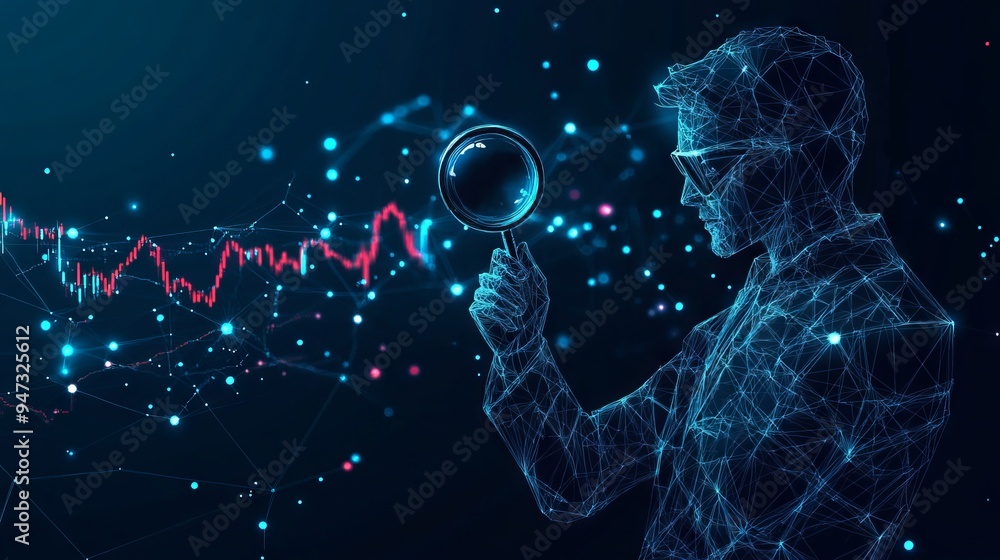Poster digital stock market analysis concept. an abstract man holds a magnifying glass in his hand and anal