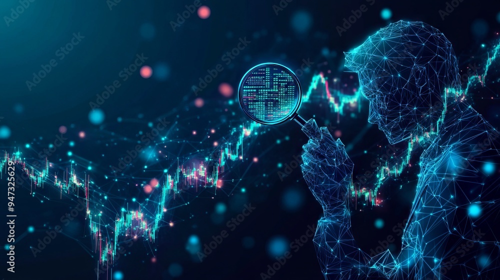 Poster digital stock market analysis concept. an abstract man holds a magnifying glass in his hand and anal