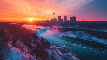 Fototapeta premium A panoramic sunset over Niagara Falls, with the sky ablaze in orange and pink hues.