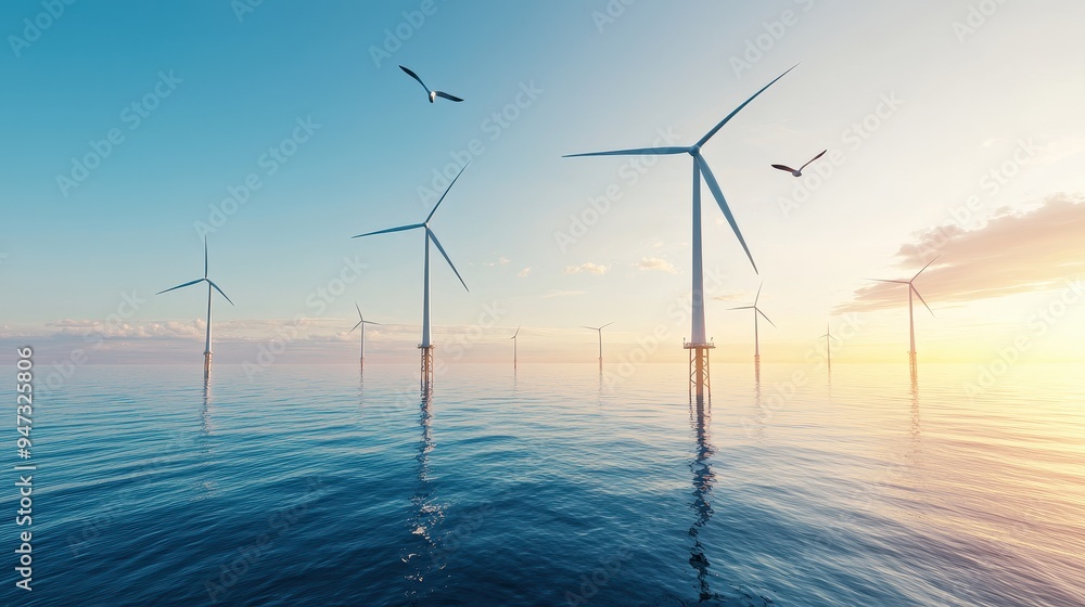 Wall mural Offshore Wind Turbines at Sunset