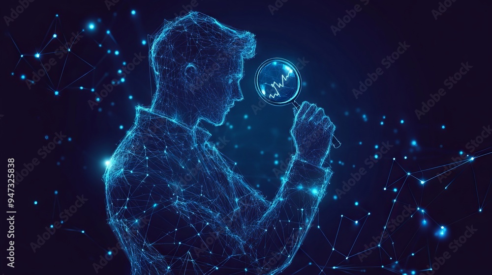 Poster digital stock market analysis concept. an abstract man holds a magnifying glass in his hand and anal