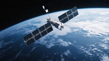 Fototapeta premium Satellite orbiting Earth with solar panels and stars in the background