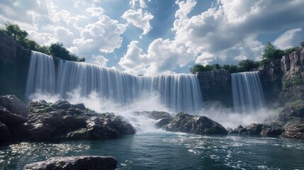 A wide-angle view of the American Falls, showing the rocky base and cascading water.