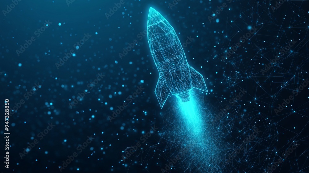 Poster digital rocket flies in orbit of planet earth. abstract light blue technological background. spacesh