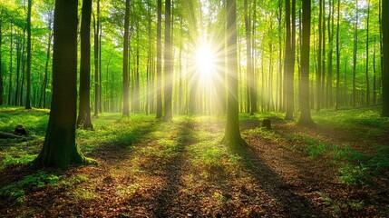 Obraz premium Beautiful rays of sunlight in a green forest