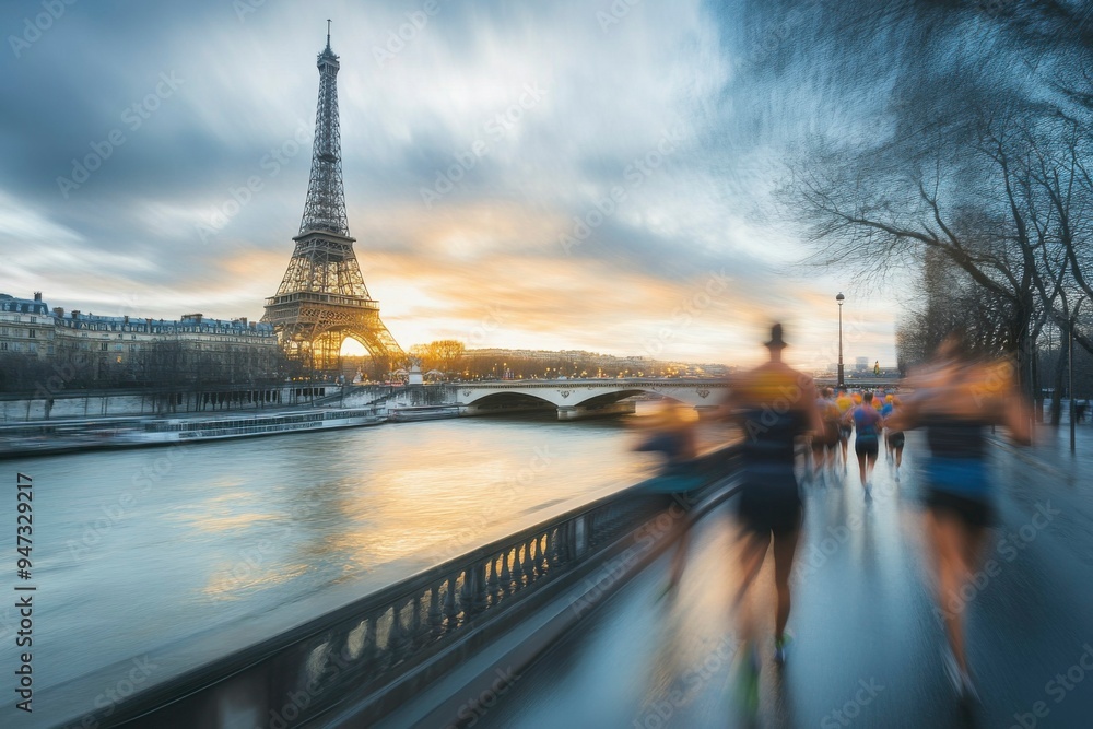 Canvas Prints Blurred Runners with Eiffel Tower in the Background