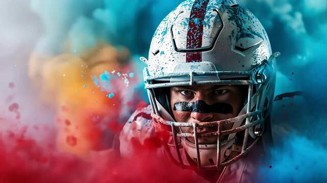 Close-up of a football player in a helmet, with vibrant colors exploding around him.