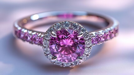 Fancy Design of a Large Round Cut Amethyst and Diamonds Ring on Neutral Background	