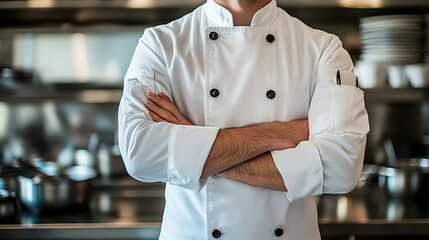 A male chef in a white suit standing confidently with his arms crossed, behind the kitchen. Generative AI illustration 