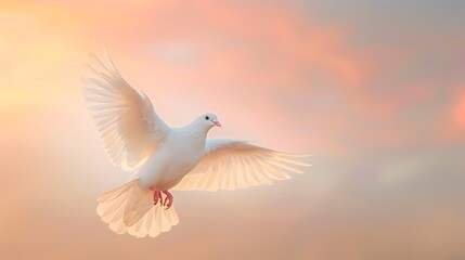 Obraz premium White dove in a serene sky, background suitable for memorials with space for text.