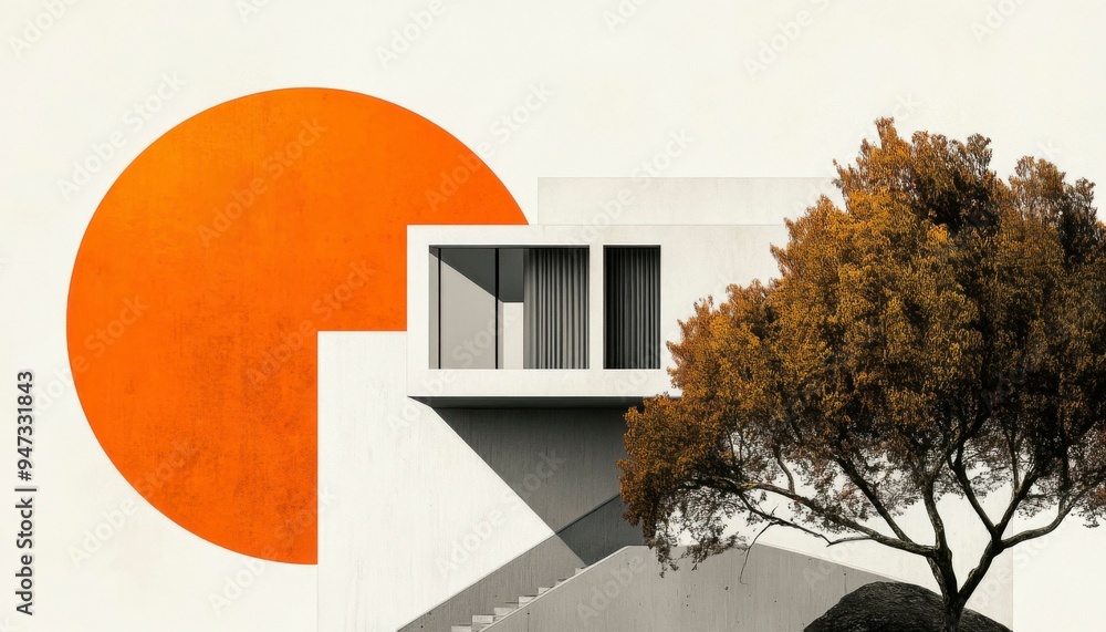 Poster modern architectural design with a tree and a large orange circle