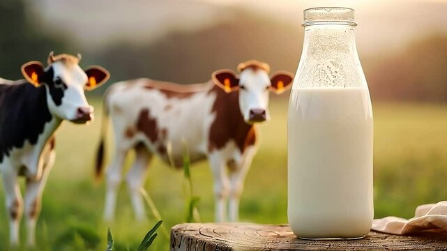 A glass bottle of fresh milk sits on a wooden log in a field with cows in the background.