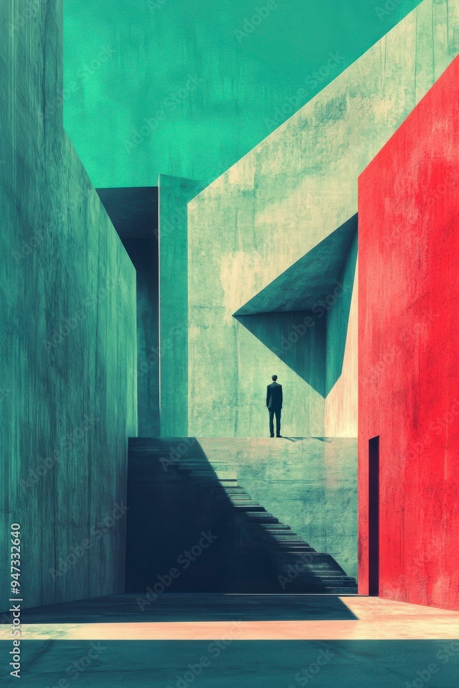 Poster man in suit standing in a geometric concrete and red structure