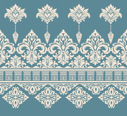A seamless damask border pattern featuring intricate floral motifs and classical columns. The soft blue-green background and cream-colored design create an elegant and timeless aesthetic.