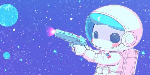 Fototapeta premium Cute Astronaut Holding Gun in Space with Stars and Planets