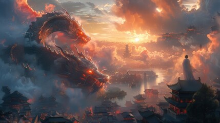 Immortal cityscape from Chinese legend with complex, densely packed buildings and winding rivers, ethereal mist and light enveloping the scene, distant view of a dragon-shaped cloud