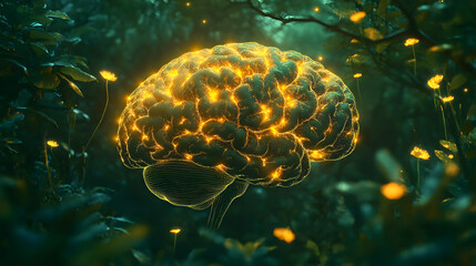 A bioluminescent digital illustration of a human brain, with glowing plexus lines that resemble the natural light of bioluminescent plants and fungi