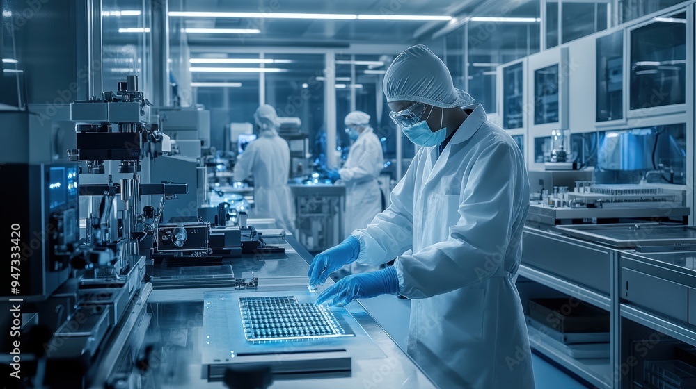 Poster engineers wearing lab coats and gloves, examining a silicon wafer with multiple processor cores, sur