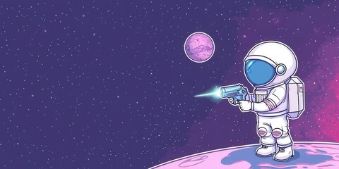 Astronaut Holding Gun in Space with Stars and Planet