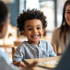 Fototapeta premium Engaging Classroom Scene: Smiling Boy Collaborates with Teacher and Classmates in Interactive Learning Environment. Vibrant Back-to-School Concept Showcasing Positive Education, Teamwork, and Joyful A