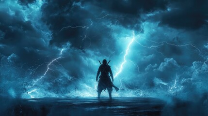 A ninja standing in the center of a storm, with lightning illuminating the scene.