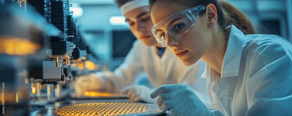 Poster a team of engineers scrutinizing a silicon wafer, showcasing intricate processor cores, in a state-o