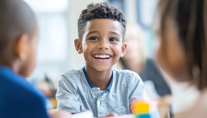 Engaging Classroom Scene: Smiling Boy Collaborates with Teacher and Classmates in Interactive Learning Environment. Vibrant Back-to-School Concept Showcasing Positive Education, Teamwork, and Joyful A