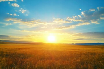 Golden Field with Sun Setting Behind Rolling Hills and Fluffy Clouds