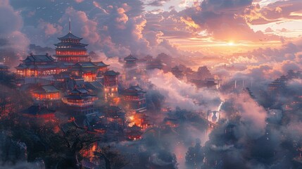 Fantasy city from Chinese mythology with elaborate, tightly packed structures and winding waterways, ethereal light and mist, and a giant dragon head cloud in the distant sky