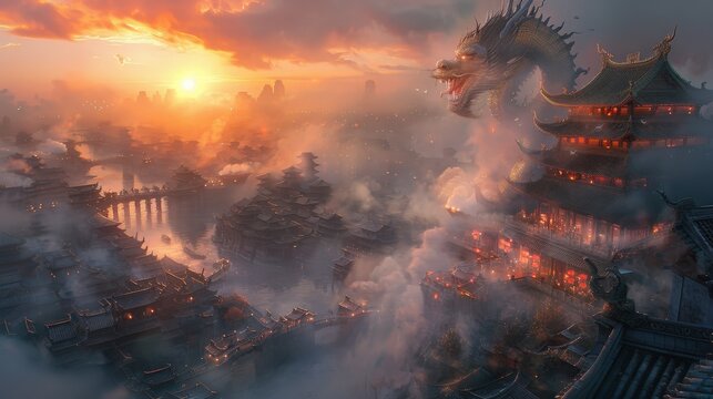 Fantasy city from Chinese mythology with elaborate, tightly packed structures and winding waterways, ethereal light and mist, and a giant dragon head cloud in the distant sky
