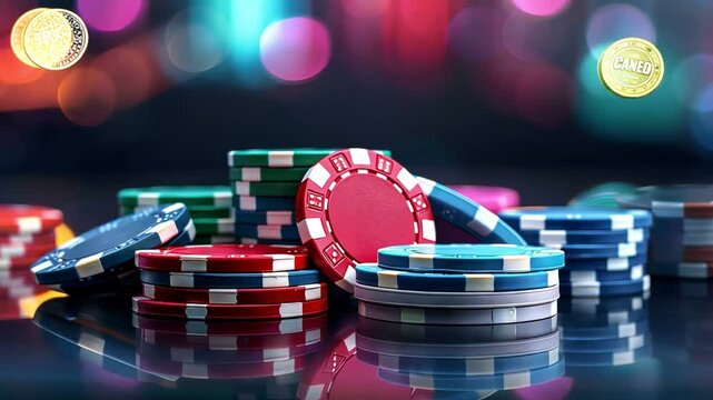 A pile of colorful casino chips with a blurred background of lights.