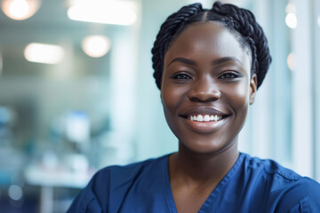 Obraz premium A black female nurse wearing a USA uniform smiles warmly at camera, radiating confidence