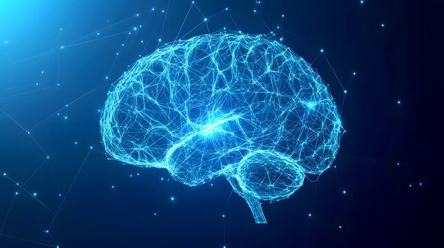 A digital blueprint-style illustration of a human brain, with glowing plexus lines drawn in a wireframe style. The brain is depicted in sharp, angular lines