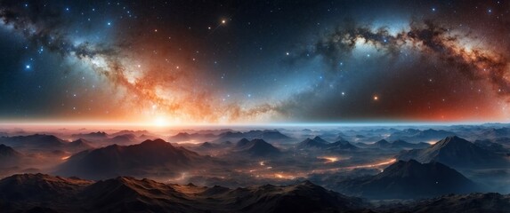 Obraz premium A Mountainous Landscape Under a Starry Sky with the Milky Way