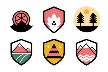 Modern Emblem with Natural Elements: Mountains, Trees, and Water