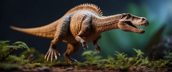 Naklejka premium A Close-Up of a Brown Dinosaur with Open Mouth Running Through Foliage