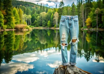 Obraz premium A serene lake mirrors the sky, its surface reflecting the quiet strength of the trees that surround it, its rugged beauty untamed.