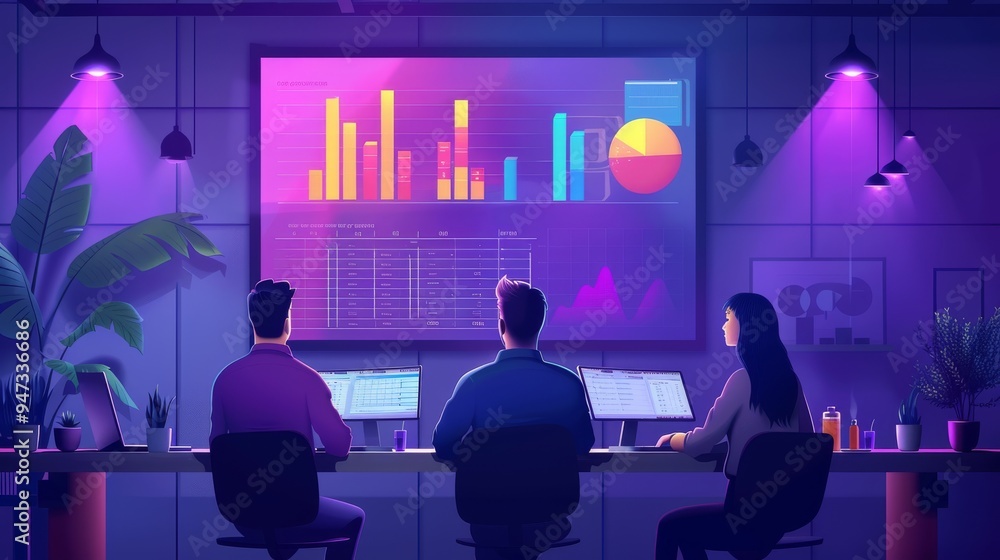 Poster team of researchers analyzing survey data on a large screen in a bright, collaborative workspace. ca