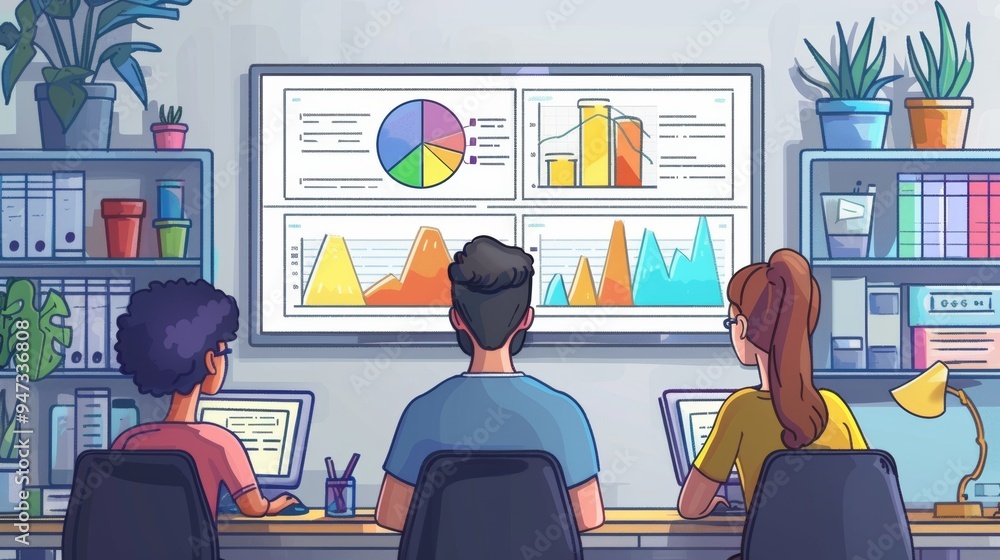 Poster team of researchers analyzing survey data on a large screen in a bright, collaborative workspace. ca