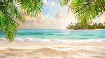 Sandy tropical beach with island on background