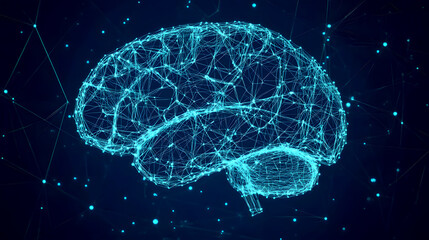 A digital blueprint-style illustration of a human brain, with glowing plexus lines forming a detailed map of neural connections. The brain is rendered in clean
