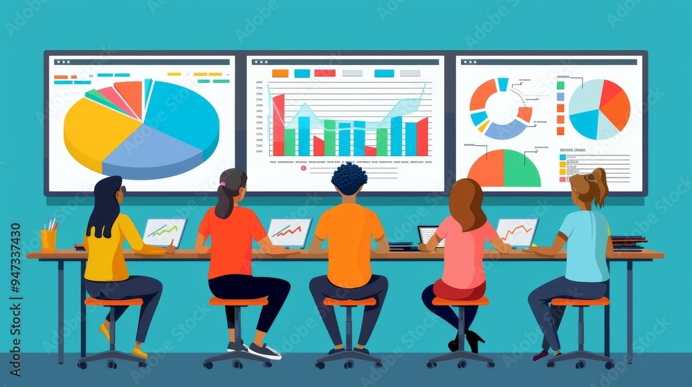 Poster team of researchers analyzing survey data on a large screen in a bright, collaborative workspace. ca