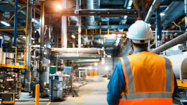 Engineer in a safety vest and helmet examining machinery in an industrial plant, focusing on ensuring operational efficiency and safety.
