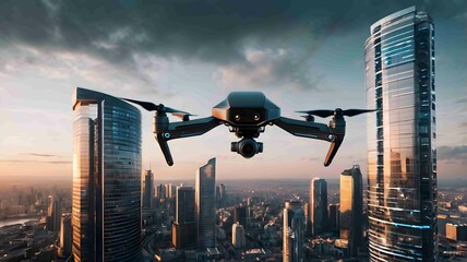 Drone Flying Over Futuristic City Skyline Capturing High-Tech Urban Landscape. Generative AI