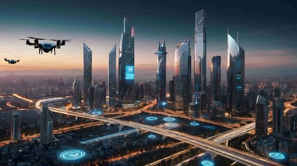 Drone Flying Over Futuristic City Skyline Capturing High-Tech Urban Landscape. Generative AI