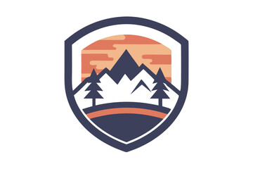 Modern Emblem with Natural Elements: Mountains, Trees, and Water