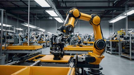 Industrial Robotic Arm Operating on Assembly Line in Advanced Manufacturing Facility. Generative AI