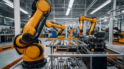 Industrial Robotic Arm Operating on Assembly Line in Advanced Manufacturing Facility. Generative AI
